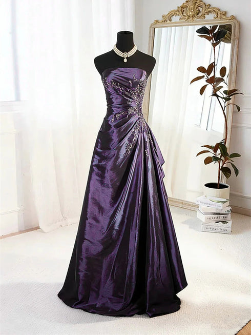 Elegant Strapless Dark Purple Taffeta Prom Dress, Ruched A-Line Long Formal Dress