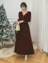 Wine Red Velvet Long Sleeves Party Dress, Wine Red V-neckline Prom Dress Evening Dress