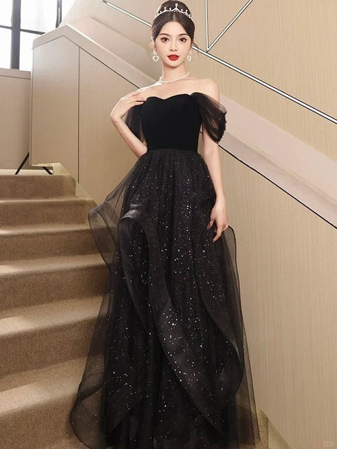 A-line Off Shoulder Black Sweetheart Party Dress, Black Tulle Chic Prom Dress Evening Dress