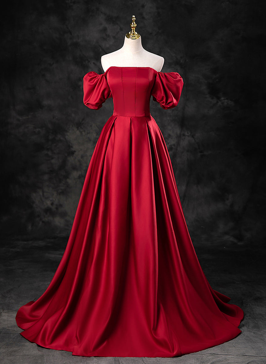 Red Satin A-line Short Sleeves Long Prom Dress, Red Long Formal Dress