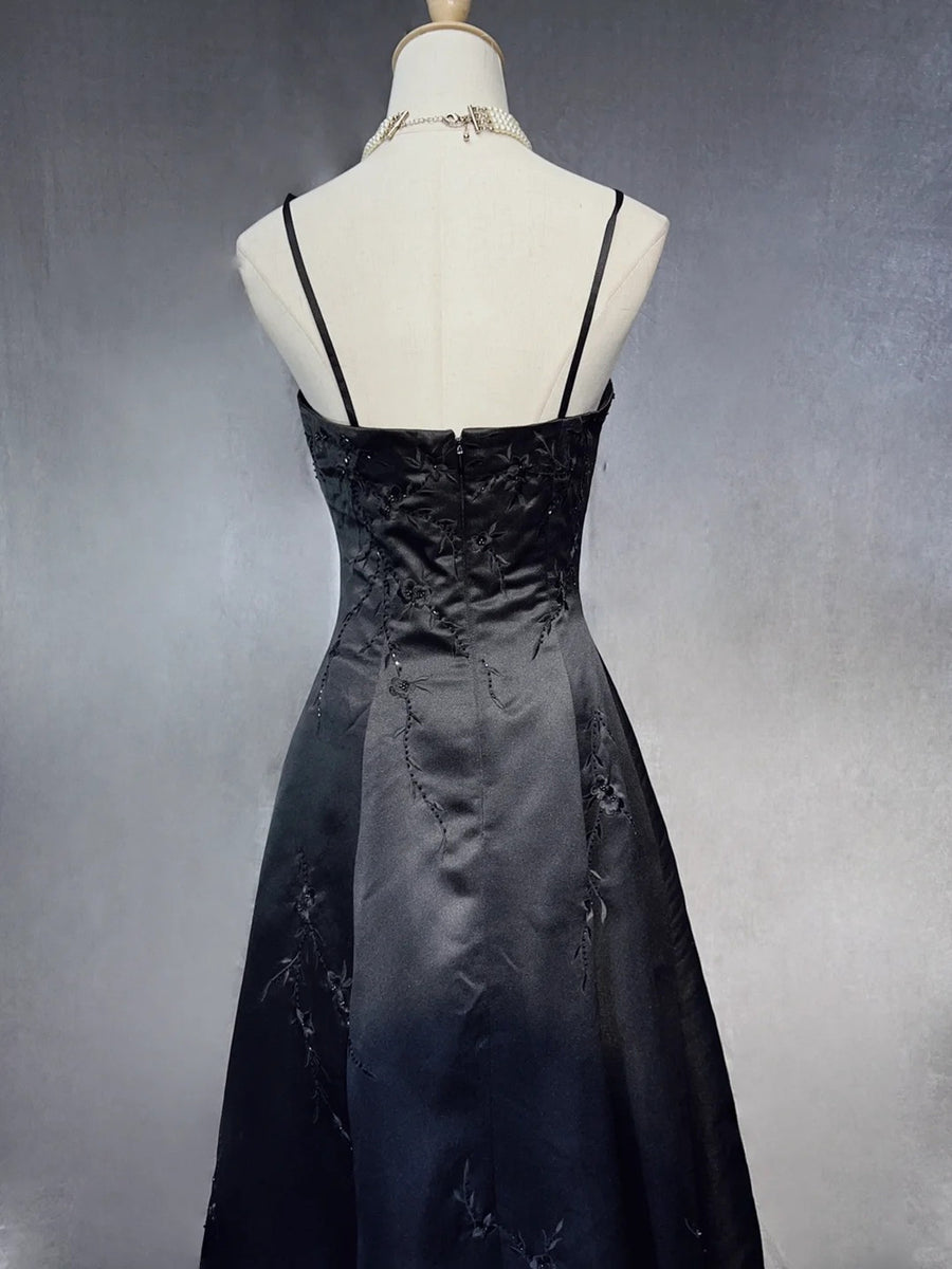 Black A-Line Satin with Lace Applique Prom Dress, Black Straps Long Party Dress US Size 4 / Custom Color Black A-Line Satin with Lace Applique Prom Dress, Black Straps Long Party Dress US Size 4 / Custom Color
