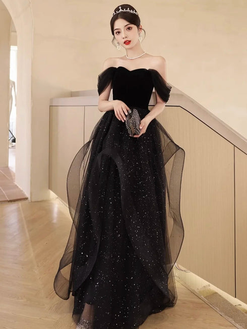 A-line Off Shoulder Black Sweetheart Party Dress, Black Tulle Chic Prom Dress Evening Dress