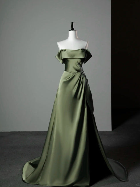 Green Soft Satin Off Shoulder A-line Long Evening Dress, Green Satin Prom Dress Formal Dress