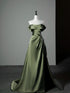 Green Soft Satin Off Shoulder A-line Long Evening Dress, Green Satin Prom Dress Formal Dress