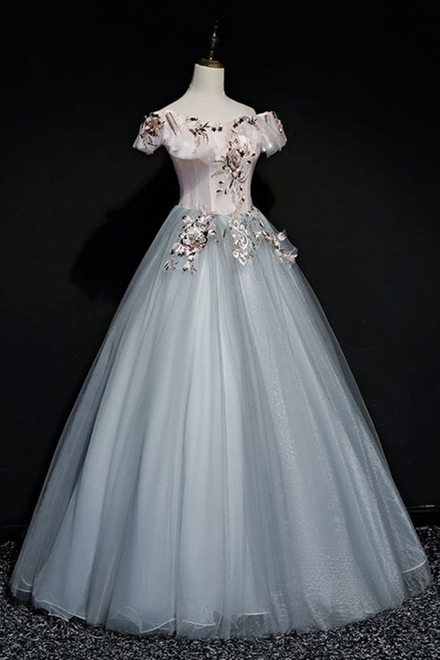 A-line Off Shoulder Long Off Shoulder Party Dress, Tulle Sweet 16 Dress