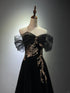 Off Shoulder Tulle and Velvet Black Party Dress, Black A-line Floor Length Prom Dress