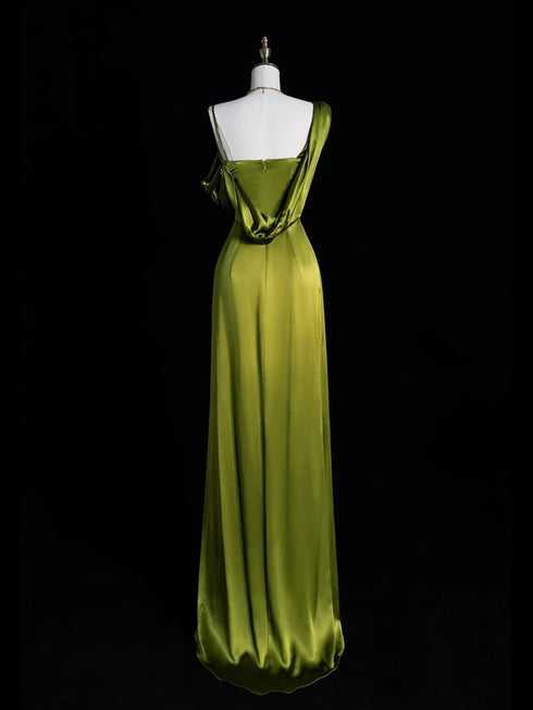 Lovely Green Soft Satin One Shoulder Prom Dress, A-line Long Party Dress With Leg Slit