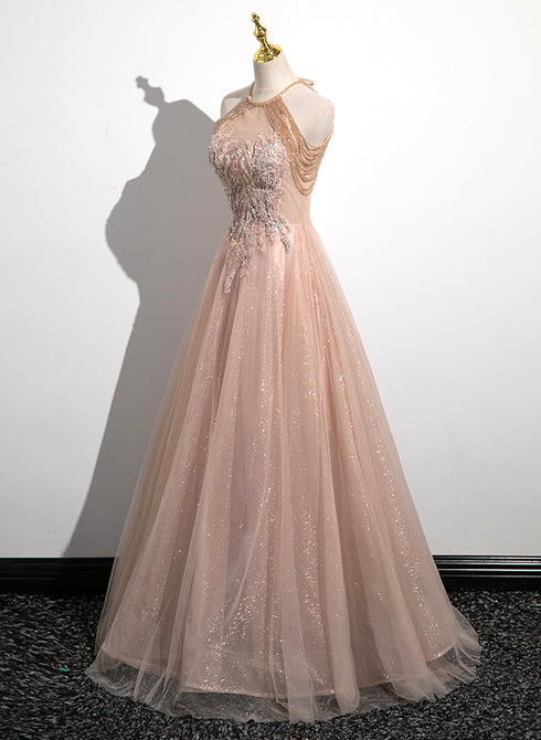 Lovely Pearl Pink Halter Tulle with Lace Applique Party Dress, A-line Tulle Long Prom Dress