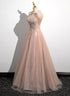 Lovely Pearl Pink Halter Tulle with Lace Applique Party Dress, A-line Tulle Long Prom Dress