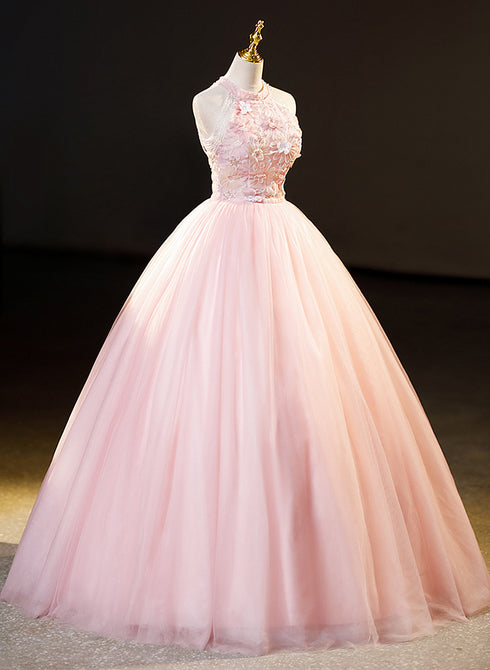 Pink Tulle Long Formal Dress with Floral Lace, Pink Halter Tulle Sweet 16 Dress