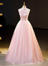 Pink Tulle Long Formal Dress with Floral Lace, Pink Halter Tulle Sweet 16 Dress