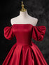 Red Satin A-line Short Sleeves Long Prom Dress, Red Long Formal Dress Evening Dress