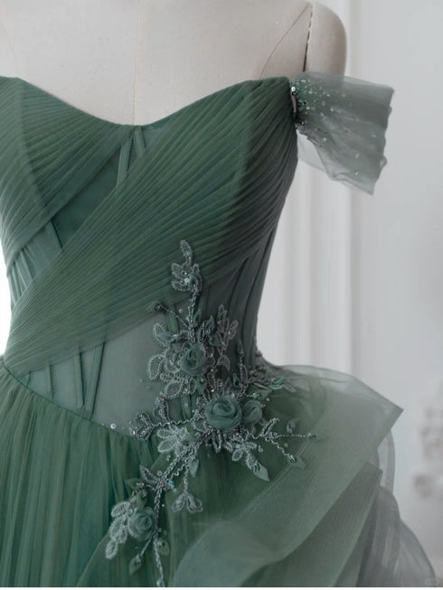 A-line Off Shoulder Tulle with Flowers Party Dress, Tulle Sweetheart Prom Dress Evening Dress