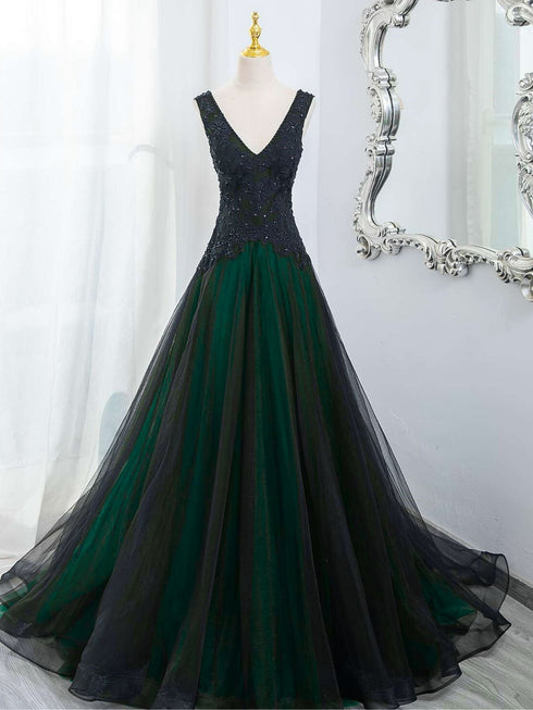 Elegant Black and Green V-neckline Tulle Party Dress, Black and Green Lace Prom Dress