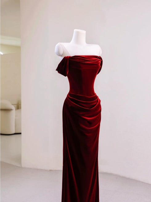Wine Red Mermaid Off Shoulder Velvet Party Dress, Wine Red Long Prom Dress