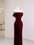 Wine Red Mermaid Off Shoulder Velvet Party Dress, Wine Red Long Prom Dress