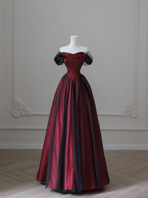 Charming Black and Red Off Shoulder A-line Prom Dress, Long Party Dress