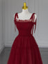 Wine Red Tulle Straps Beaded A-line Long Party Dress, Wine Red Tulle Prom Dress