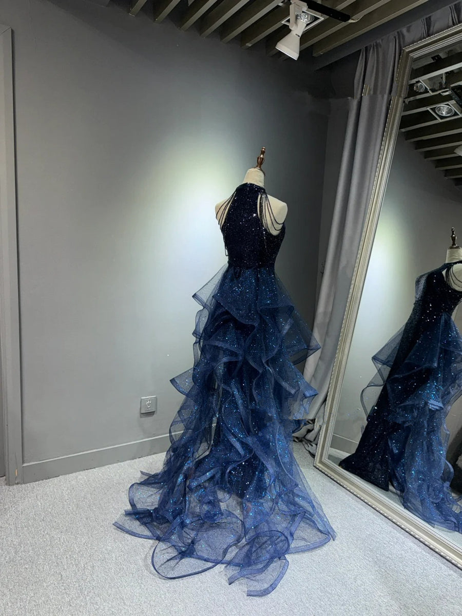 navy blue tulle dress Chic Navy Blue Long Sequins With Tulle Party Dress, Navy Blue Prom Dre –  BeautyDressy