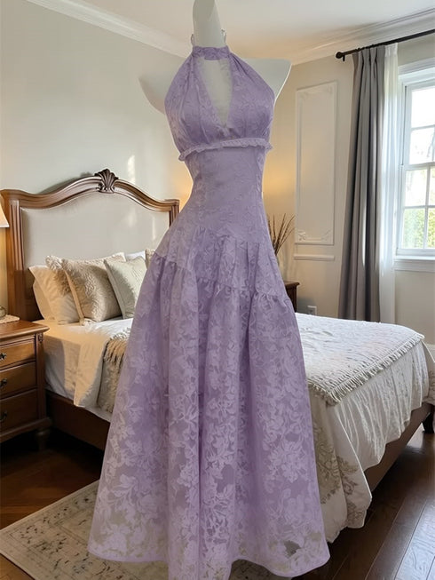 Light Purple V-Neck Floral Lace V-neckline Prom Dress, Light Purple Long Lace Party Dress