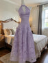 Light Purple V-Neck Floral Lace V-neckline Prom Dress, Light Purple Long Lace Party Dress