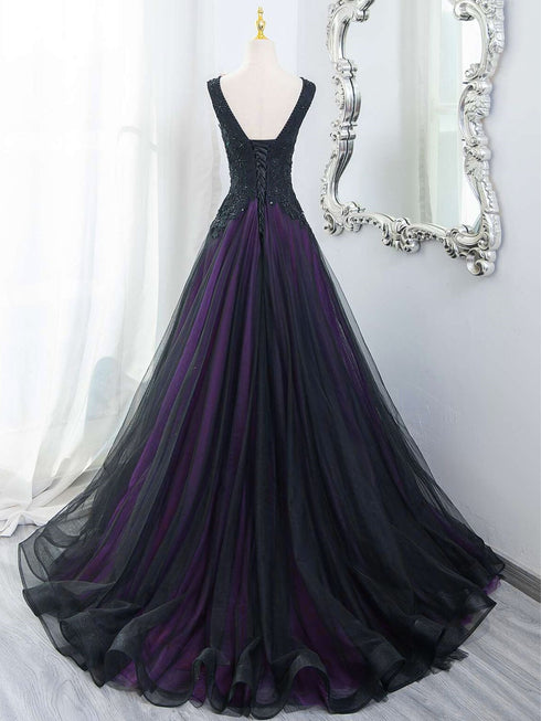 Black and Purple A-line Lace-up Tulle with Lace Prom Dress, V-neckline Tulle Party Dress