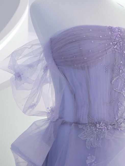 Light Purple Tulle with Lace Off Shoulder Formal Dress, Light Purple Tulle Prom Dress
