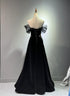 Off Shoulder Tulle and Velvet Black Party Dress, Black A-line Floor Length Prom Dress