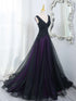 Black and Purple A-line Lace-up Tulle with Lace Prom Dress, V-neckline Tulle Party Dress