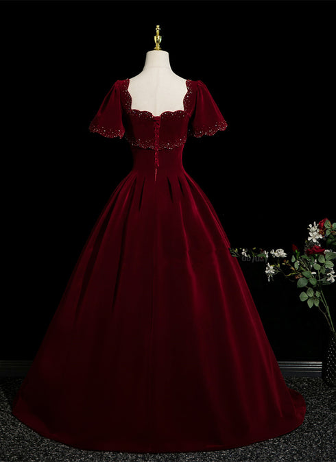 A-line Wine Red Velvet Short Sleeves Floor Length Party Dress, Wine Red Velvet Prom Dress