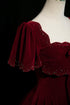 A-line Wine Red Velvet Short Sleeves Floor Length Party Dress, Wine Red Velvet Prom Dress