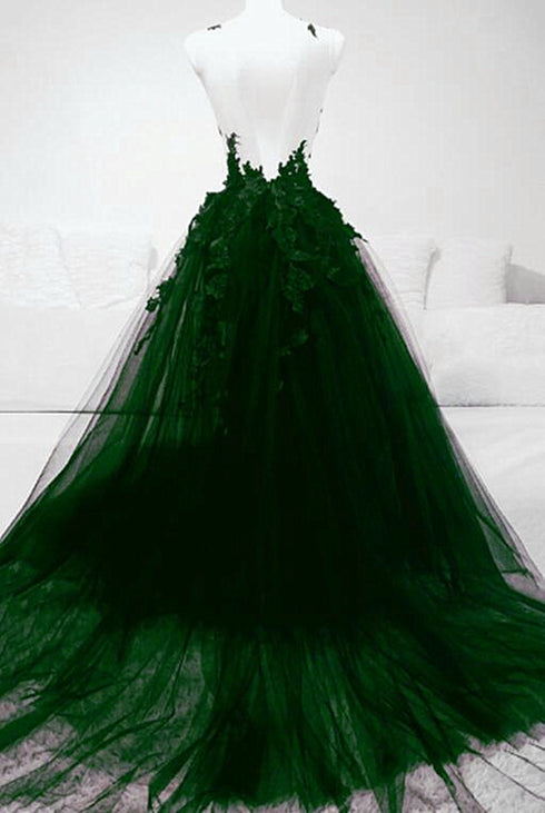 Green A-line Tulle with Lace Party Dress, Green Tulle Formal Dress Prom Dress