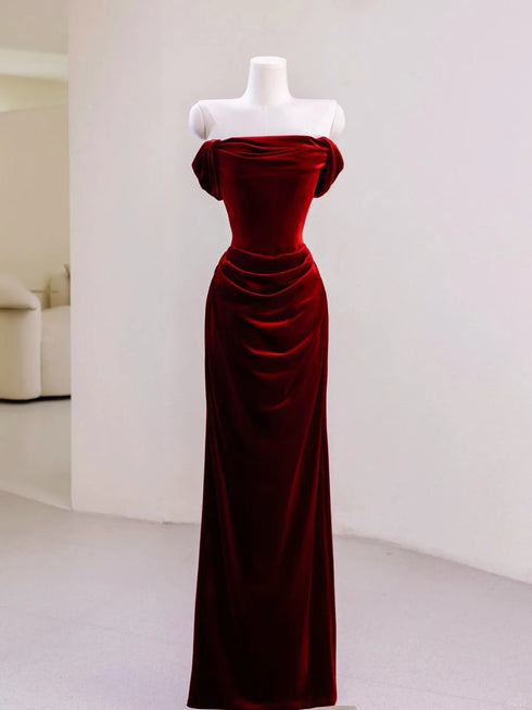 Wine Red Mermaid Off Shoulder Velvet Party Dress, Wine Red Long Prom Dress