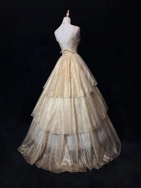 Light Champagne V-neckline Tulle Layers Formal Dress, Light Champagne Party Dress