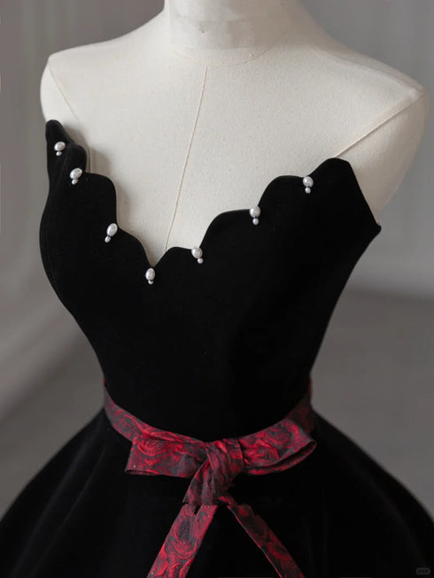 Black Velvet Ball Gown Pearls V-neckline Party Dress, Black Velvet Prom Dress