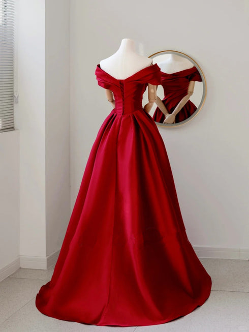 Wine Red Satin and Sequins Long Prom Dress, Wine Red Off Shoulder Party Dress