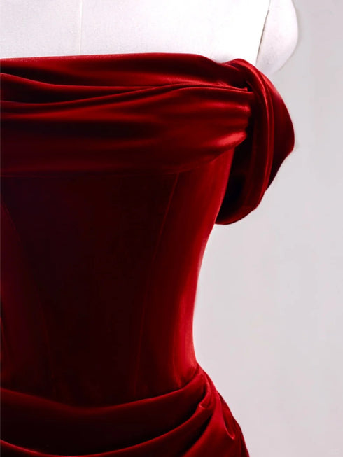 Wine Red Mermaid Off Shoulder Velvet Party Dress, Wine Red Long Prom Dress