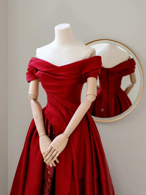 Wine Red Satin and Sequins Long Prom Dress, Wine Red Off Shoulder Party Dress