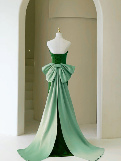 Green Mermaid Strapless Long Evening Dress with Bow, Green Long Formal Dress