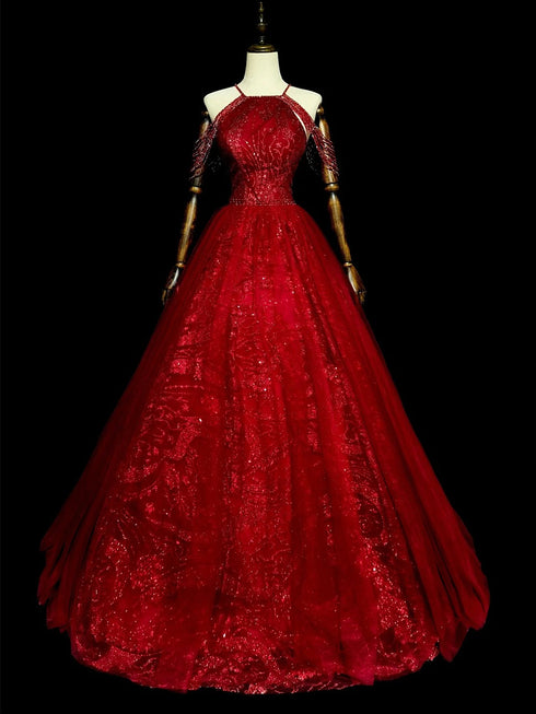 Wine Red Tulle Beaded Halter A-line Long Formal Dress, Wine Red Shiny Tulle Prom Dress