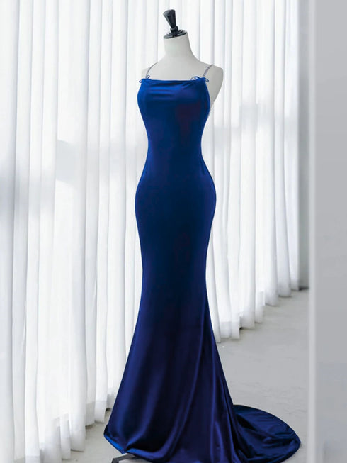 Royal Blue Backless Mermarid Long Velvet Party Dress, Royal Blue Prom Dress