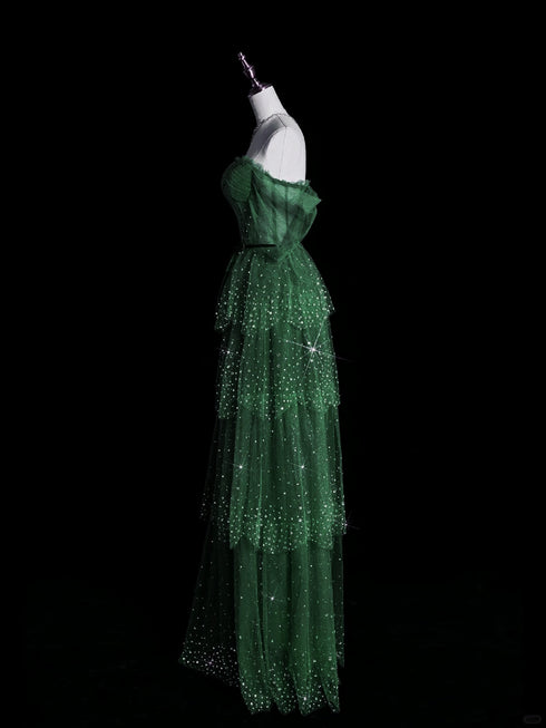 Dark Green A-line Layers Shiny Tulle Prom Dress, Green Tulle Long Party Dress
