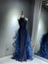 Chic Navy Blue Long Sequins With Tulle Party Dress, Navy Blue Prom Dress
