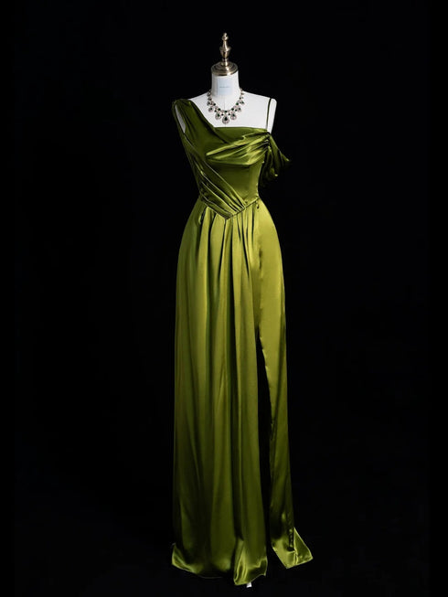 Lovely Green Soft Satin One Shoulder Prom Dress, A-line Long Party Dress With Leg Slit