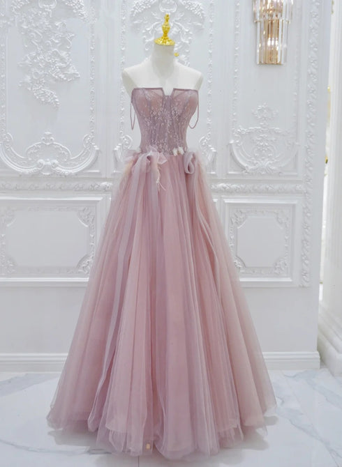 Pink Tulle with Lace  A-line Prom Dress, Pink Tulle Party Dress
