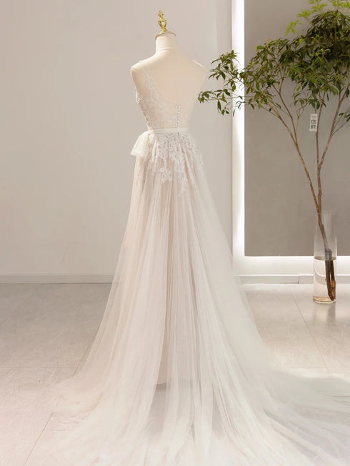 Ivory Tulle with Lace Applique V-neckline Wedding Party Dress, Ivory Tulle Prom Dress