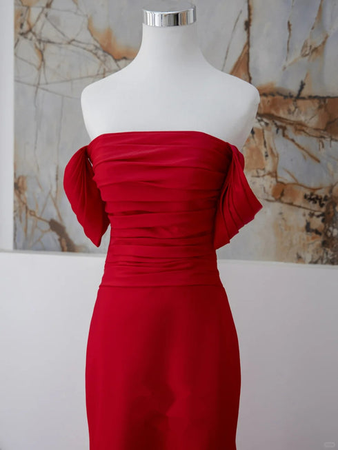 Red Mermaid Strapless Long Party Dress, Red Satin Evening Dress Prom Dress