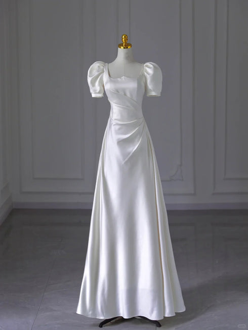 White Short Sleeves Satin A-line Party Dress, White Floor Length Wedding Party Dress