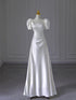 White Short Sleeves Satin A-line Party Dress, White Floor Length Wedding Party Dress
