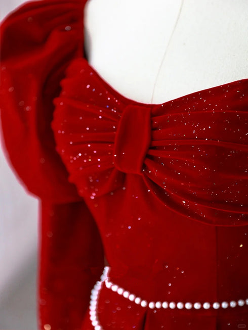 Wine Red Velvet Long Sleeves A-line Party Dress, Wine Red Velvet Prom Dress Party Dress